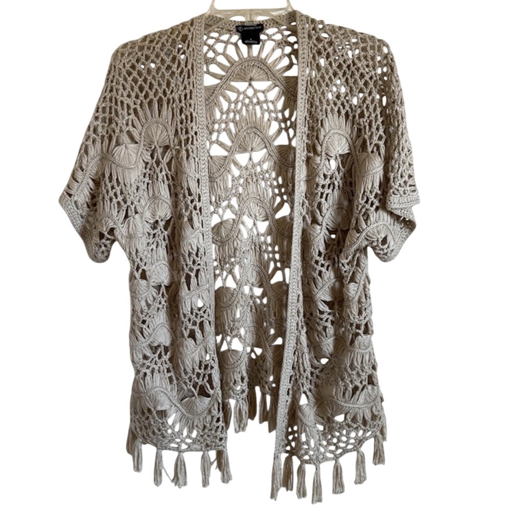 new directions Beige Crochet Open-Front Cardigan